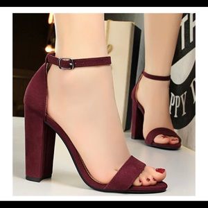 In search of wine/maroon suede block heel sandals